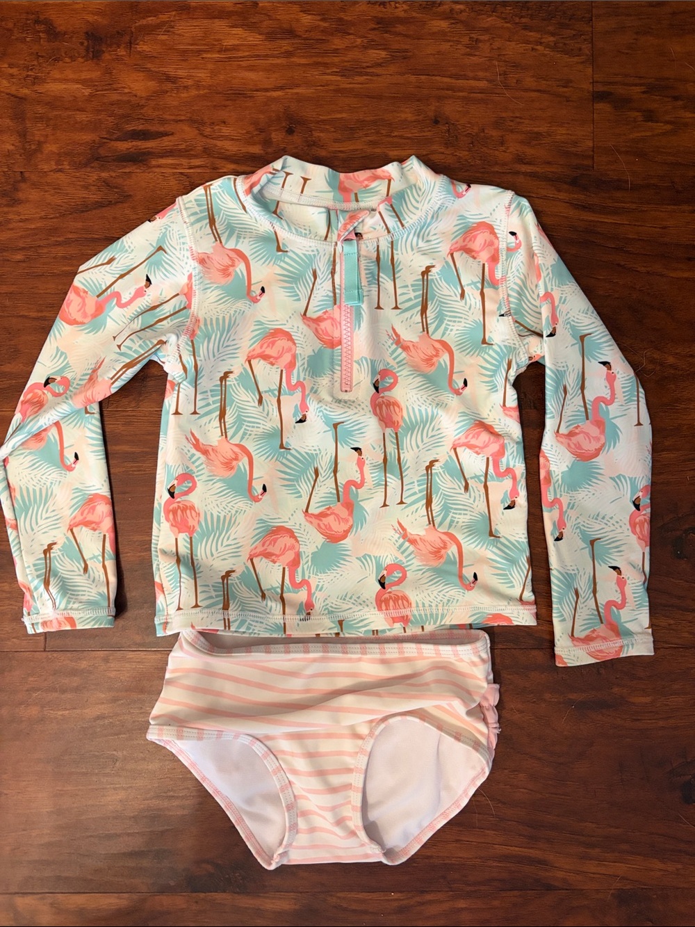 Ruffle Butts- Kids Flamingo Long-Sleeve Rash Guard Set - Pink & Aqua